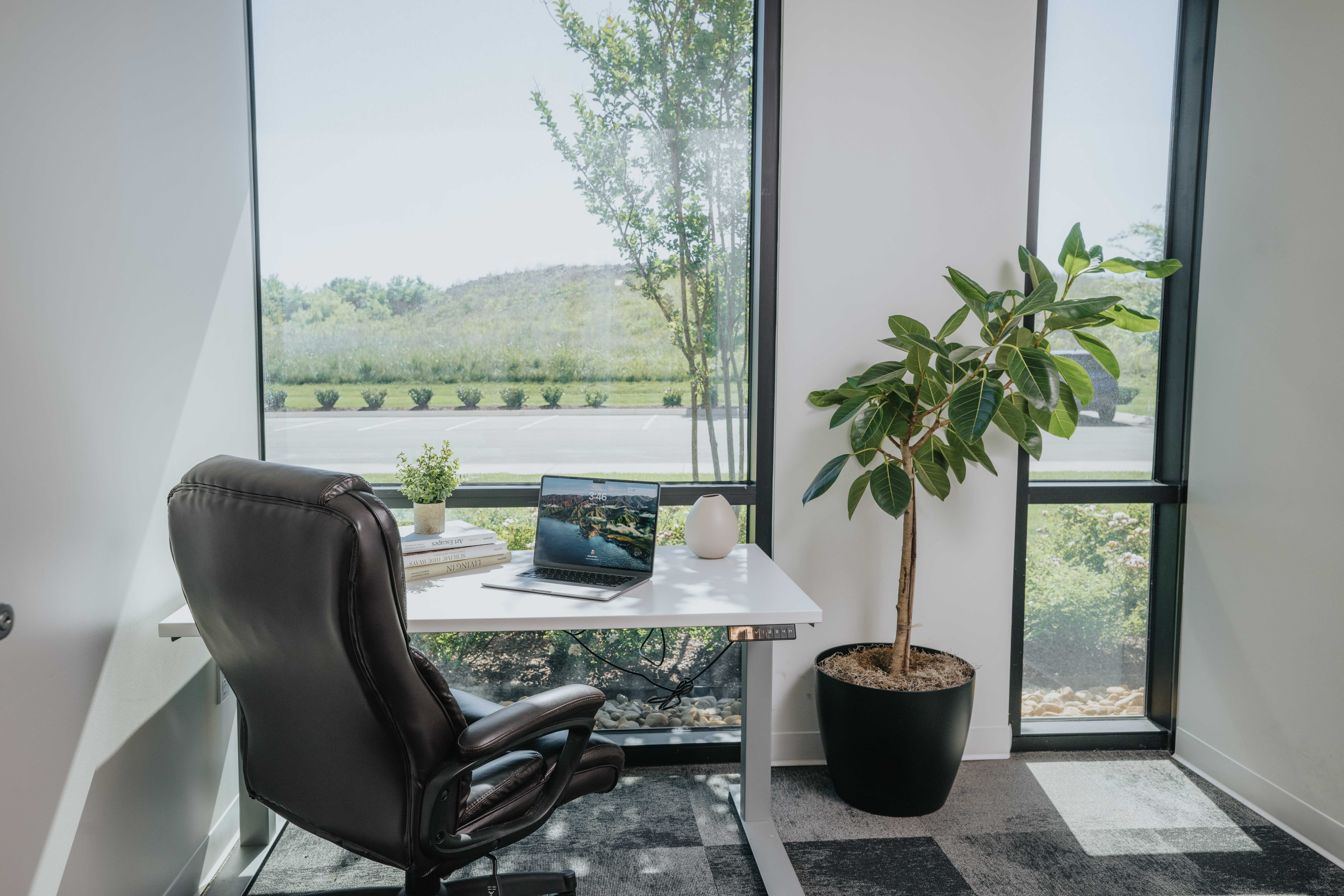 A bright private office at Framework overlooking the trees